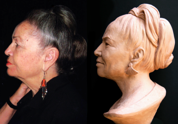 Profile views of Barbara Benton and her sculpted portrait